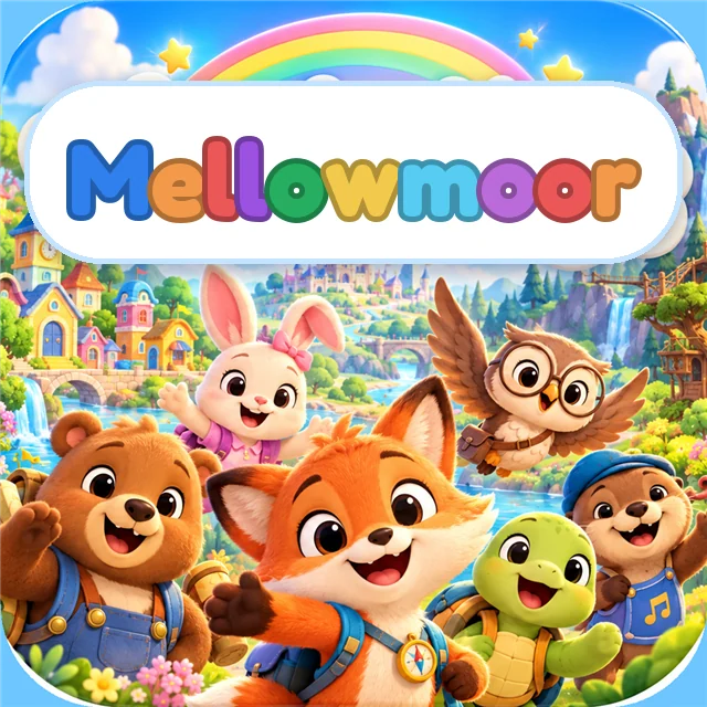The Mellowmoor sign above the characters: a fox, a rabbit, an owl, a bear, a turtle and an otter waving in front of a riverside village.