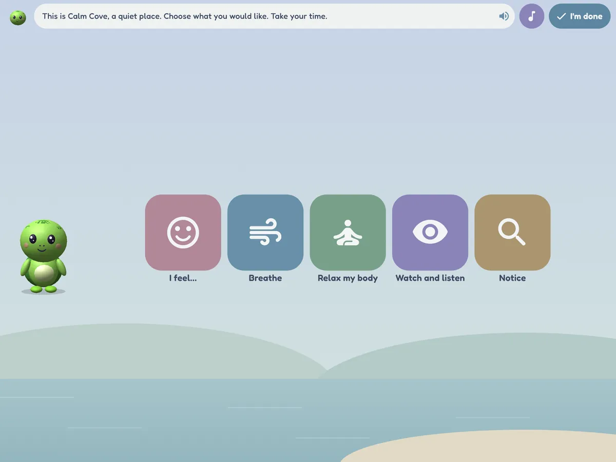 Calm Cove: Tilly the turtle by a soft, still sea, with five big choices: I feel, Breathe, Relax my body, Watch and listen, and Notice.