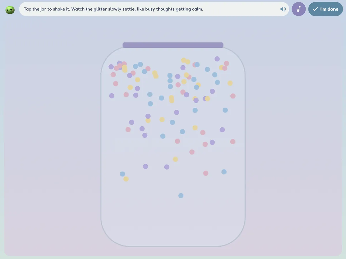 The Glitter Jar: soft-coloured glitter drifting down through a jar after a shake.