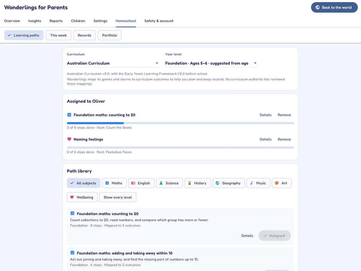 The Homeschool tab: Australian Curriculum at Foundation level, two learning paths assigned to Oliver with progress bars, and the path library filtered by subject.