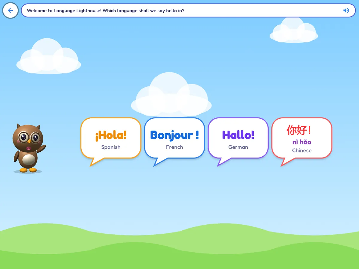 The Language Lighthouse: Ollie the owl beside four greeting bubbles, ¡Hola! for Spanish, Bonjour! for French, Hallo! for German and 你好! (nǐ hǎo) for Chinese.