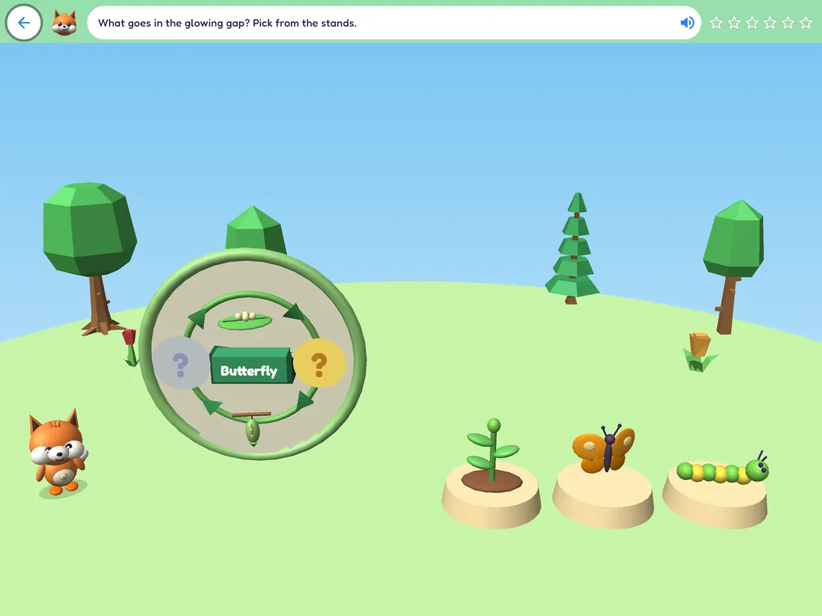 A science game about life cycles: Pip the fox chooses what goes in the gap of a chicken's life cycle.