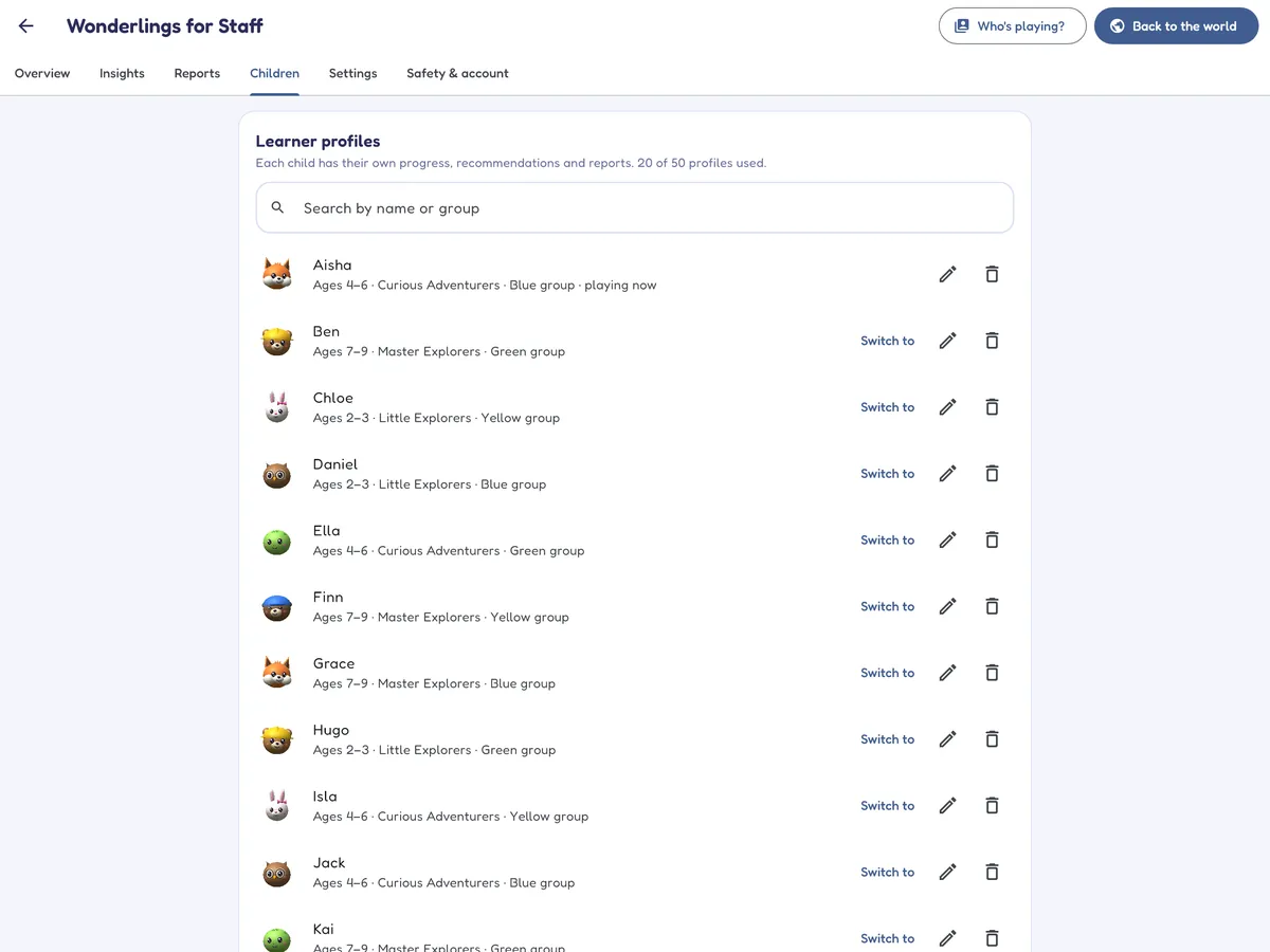The staff area's learner list, with each learner's age band and group.