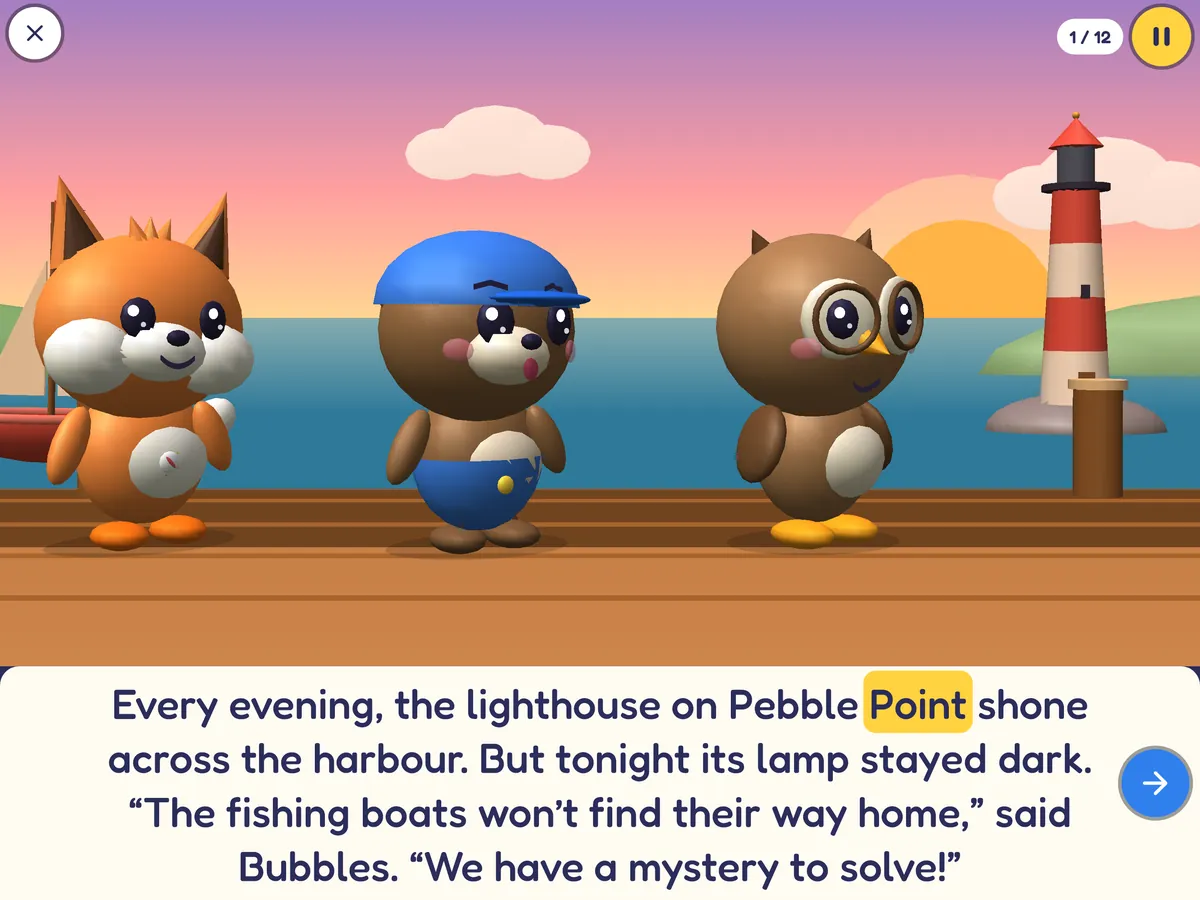 A story page from The Lighthouse Mystery, with the word Point lit up as it is read aloud.
